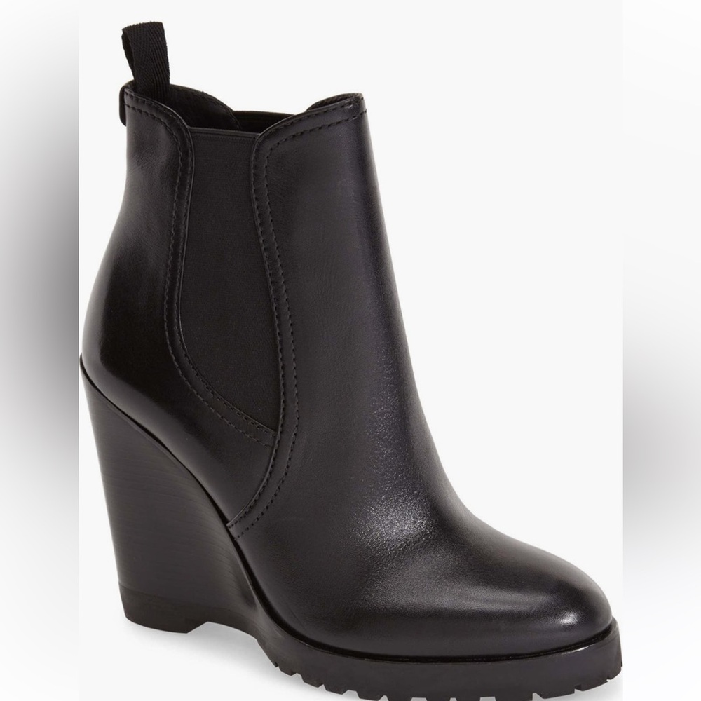 Michael Kors Thea Black Leather Wedge Block Heel Ankle Bootie with Lug Sole